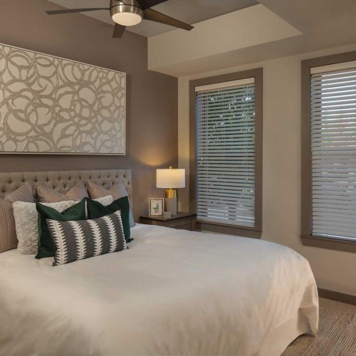 a bedroom with a bed and lamps