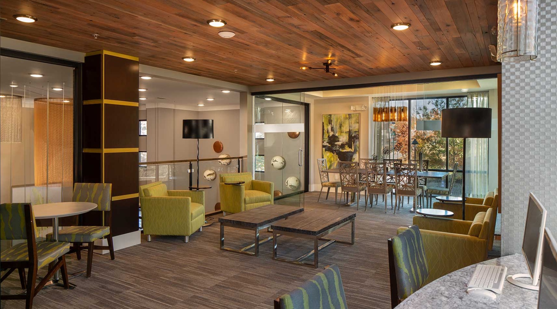 a spacious room with computers