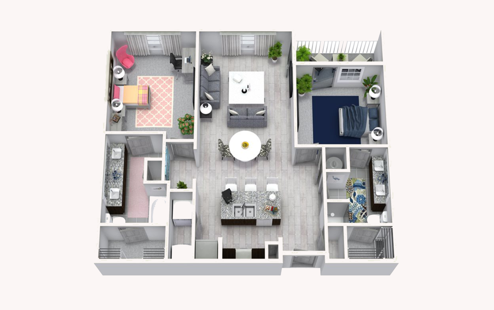 B5 - 2 bedroom floorplan layout with 2 bathrooms and 1117 square feet