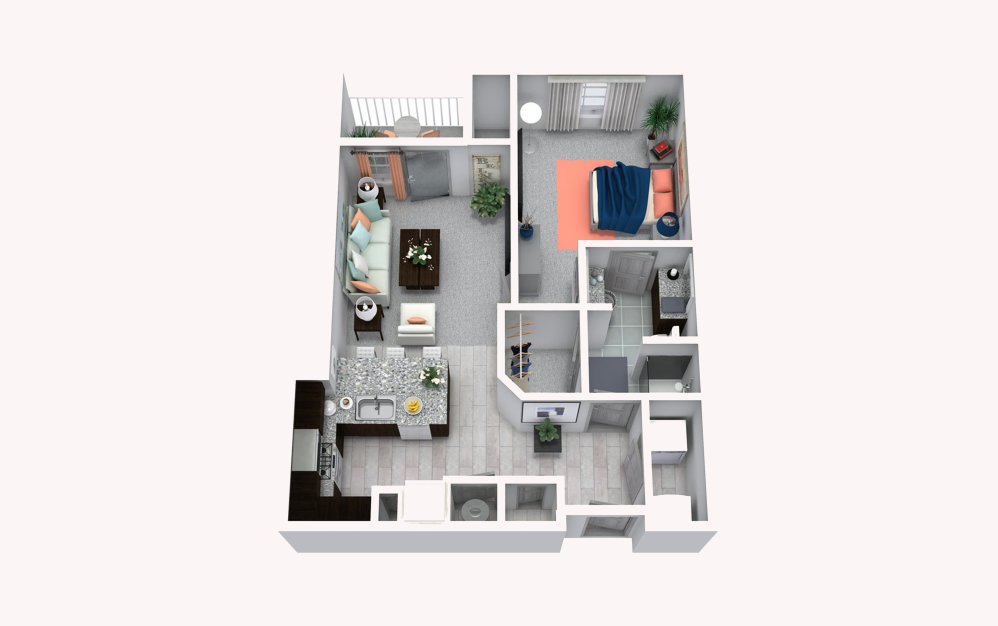 A7 - 1 bedroom floorplan layout with 1 bathroom and 734 square feet
